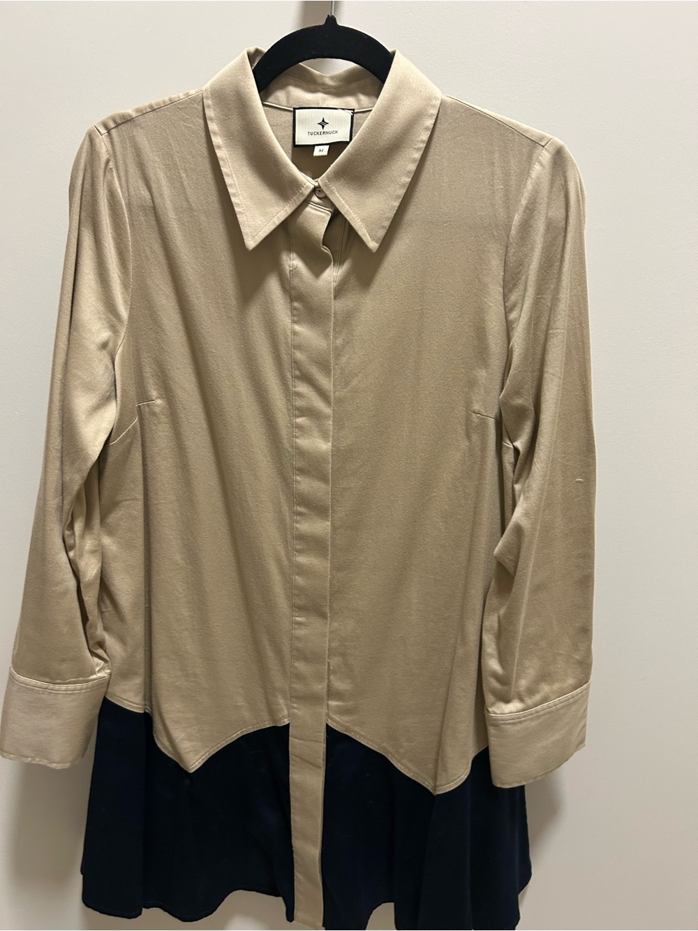 Tuckernuck Beige and Navy Two-Tone Button-Down Dress